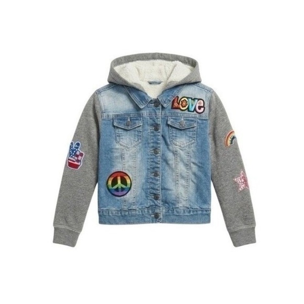 VIGOSS‎ Girls Kids Size 6 Lined Denim Hooded Jacket Patches Peace Love Star